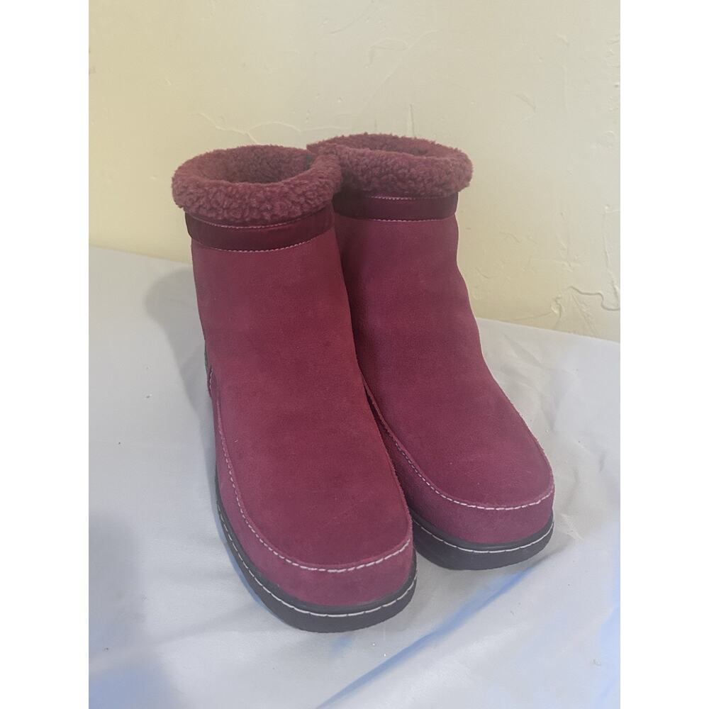 Lands End Women's 10.5 Chukka Ankle Boots Red Suede Faux Shearling Side Zipper